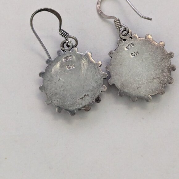 CW 925 Sterling Silver Black Onyx Round Dangle Pierced Earrings - Picture 3 of 3